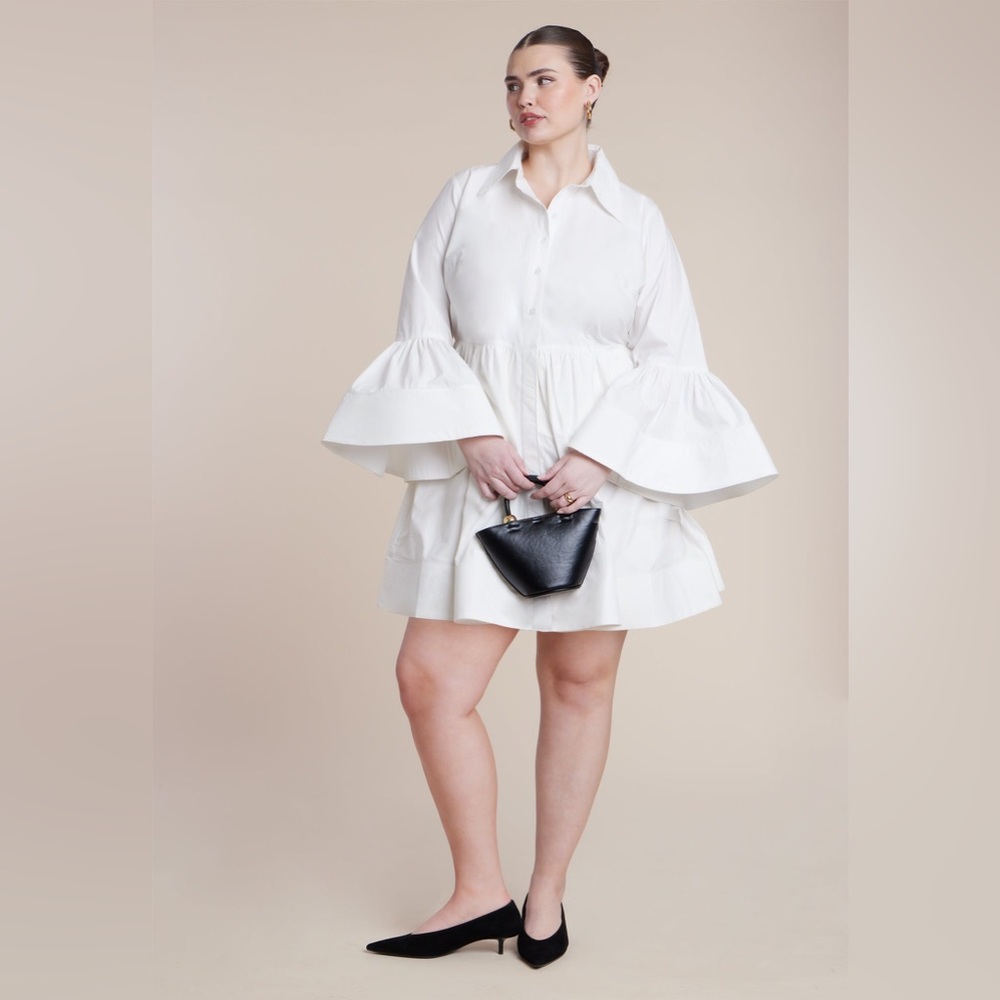 NWT 100% Cotton Poplin Ruffle Mini Dress Tunic by ELOQUII. Crisp White. Size 26W